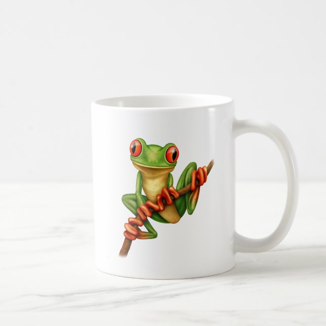Taza De Café Rana arbórea verde linda en una rama (Derecha)