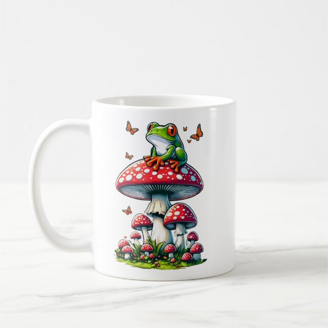 Taza De Café Rana en toadstool - Escena de bosque encantada (Izquierda)