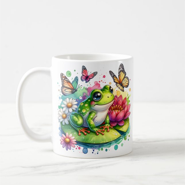 Taza De Café Rana personalizada con flores en Lilypad (Izquierda)