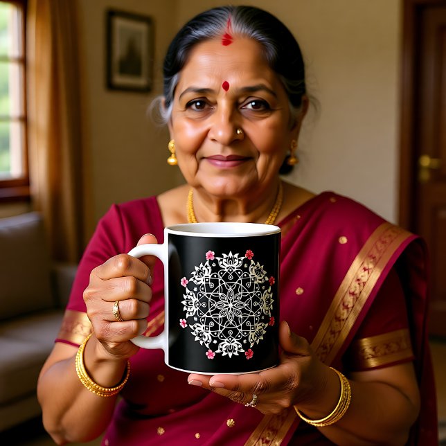 Taza De Café Rangoli blanco con hibisco (White Rangoli with hibiscus Coffee Mug)