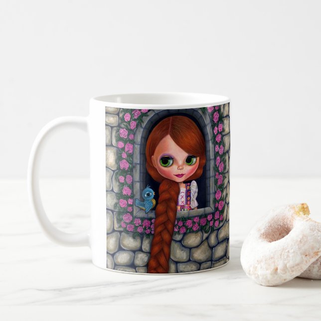 Taza De Café Rapunzel Big Eyes Chica Doll Cute Redhead Bluebird (Con donut)