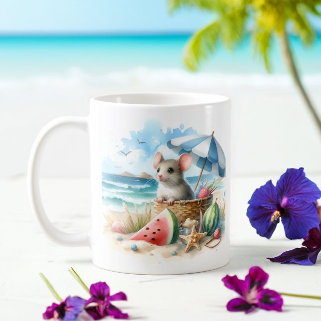 Taza De Café Ratón acuarela de verano en la playa (Subido por el creador)