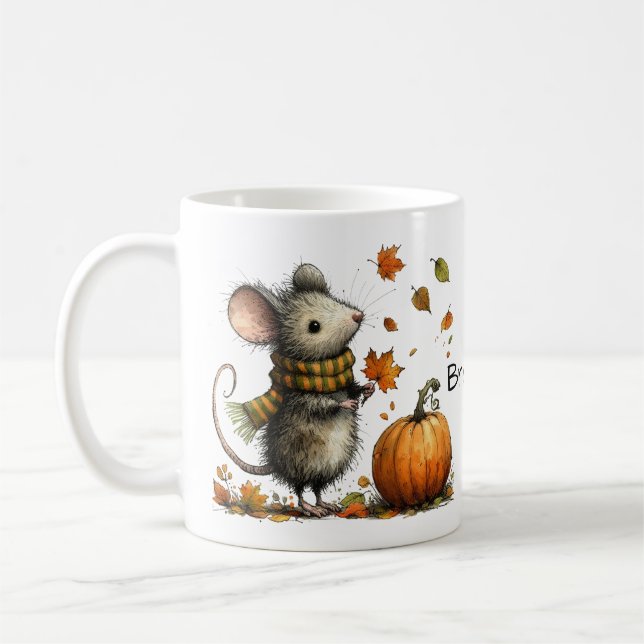 Taza De Café Ratón lindo con calabaza y hojas estético de caída (Izquierda)