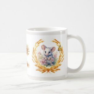 Taza De Café Ratón lindo con flores y tazón de trigo