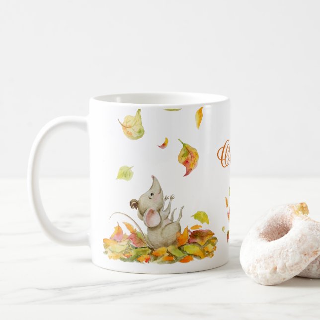 Taza De Café Ratón y naranja amarillo cayendo hojas agua (Con donut)