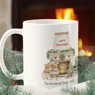 Taza De Café Ratones Acuarela Navideños junto Chimenea Acogedor