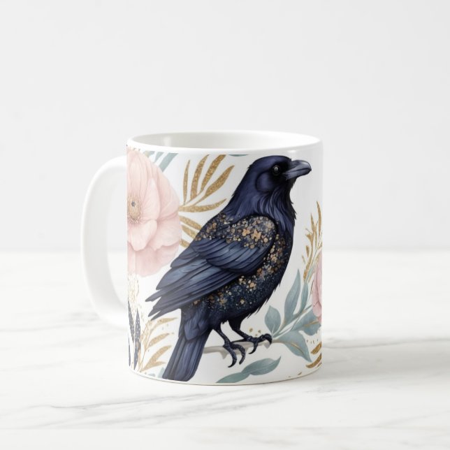 Taza De Café Raven mágico y elegancia floral (Anverso izquierdo)