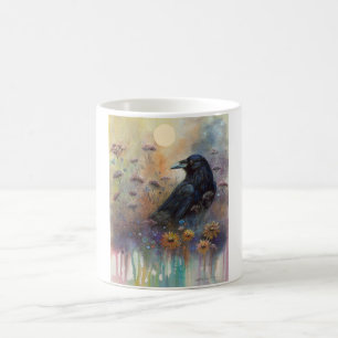 Taza De Café Raven pintado a mano con flores silvestres
