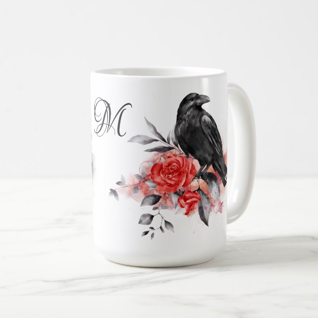Taza De Café Raven Rosas góticos acuarela Fantasía Art Monogram (Anverso derecho)