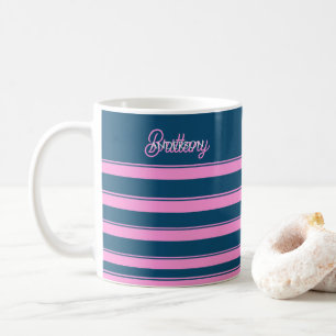 Taza De Café Rayas Azules y Rosadas Personalizadas