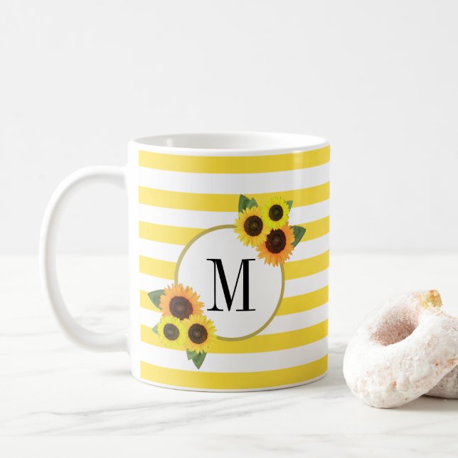 Taza De Café Rayas brillantes girasoles amarillos Monograma flo (Con donut)