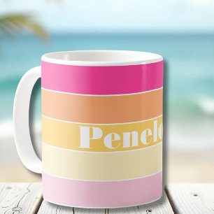 Taza De Café Rayas de Bloque de Color Verano Amarillo Rosa Pers