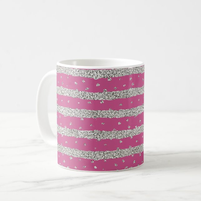Taza De Café Rayas de confetti de plata rosada brillante (Anverso izquierdo)