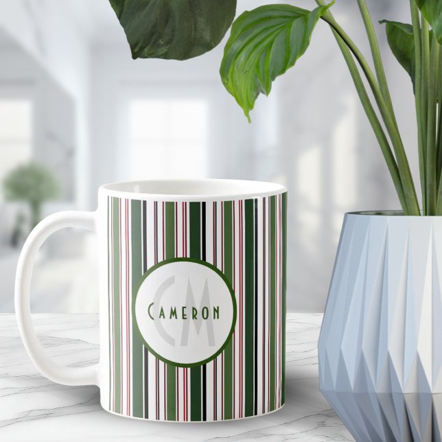 Taza De Café Rayas de época Monograma blanco verde moderno (Vintage Stripes Modern Green White Monogram Coffee Mug)
