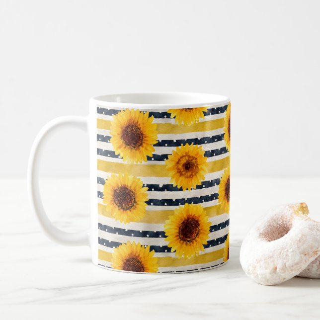 Taza De Café Rayas de girasol azul marino y amarillo  (Con donut)
