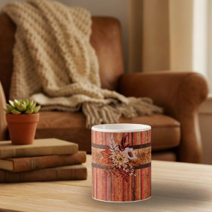 Taza De Café Rayas de Madera Rústica y Flores
