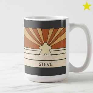 Taza De Café Rayas de Meeple Retro Marrón Sunburst Nombre Perso