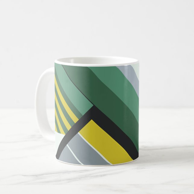 Taza De Café Rayas diagonales modernas en verde, amarillo y gri (Anverso izquierdo)