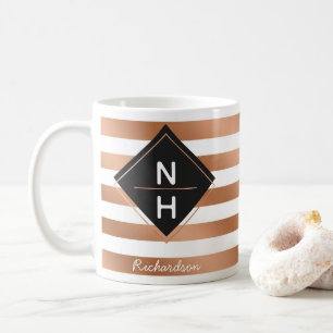 Taza De Café Rayas Modernas de Oro Rosa Chic Monograma Geométri