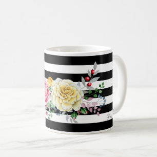 Taza De Café Rayas negras de moda florales color de rosa