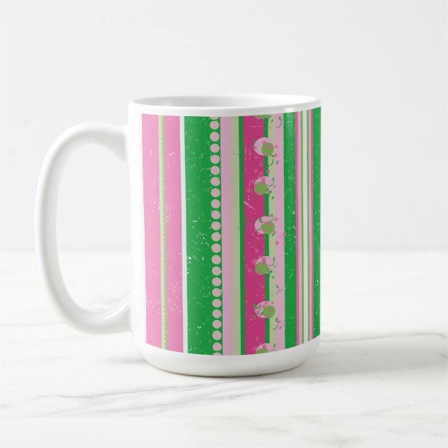 Taza De Café Rayas Preppy modernas rosadas, verdes, blancas (Izquierda)