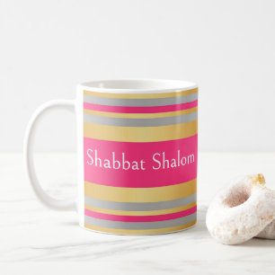 Taza De Café Rayas rosa caliente gris dorado, Shabat Shalom