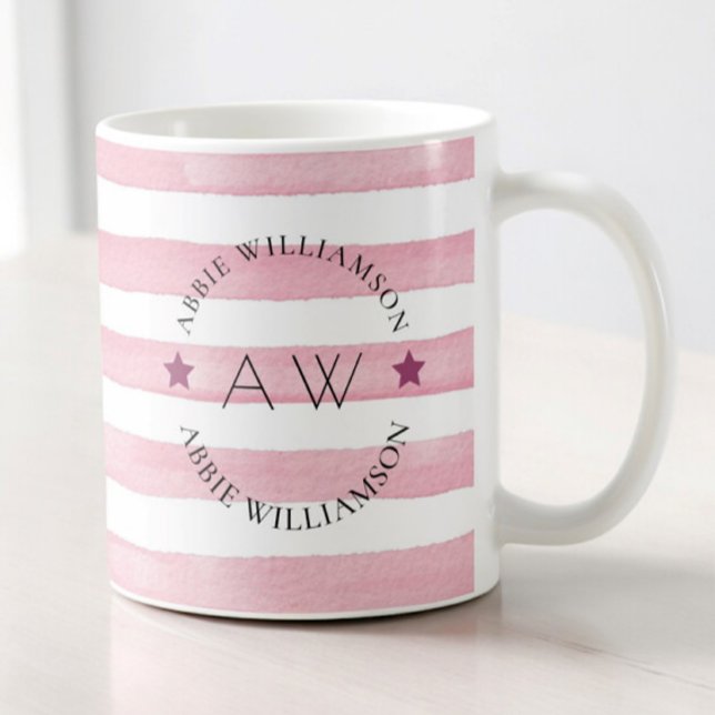 Taza De Café rayas rosadas monocromáticas personalizadas y de d (pink striped monogram coffee mug , amazing for gifting 
)