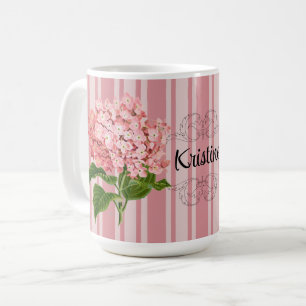 Taza De Café Rayas rosadas y Hortensia Agrega un nombre