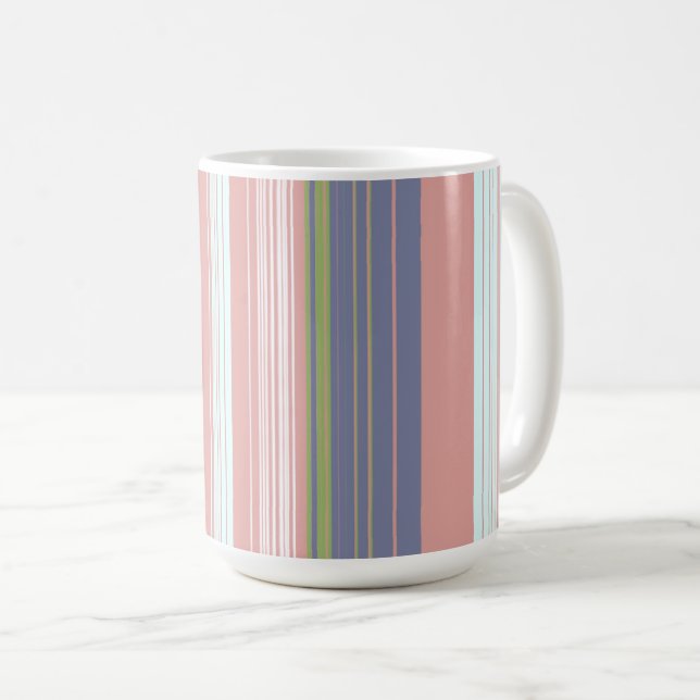 Taza De Café rayas verticales rosa, azul y oliva. (Anverso derecho)