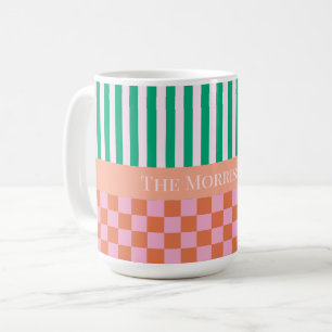 Taza De Café Rayas y chequitos de color Naranja rosa verde