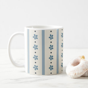 Taza De Café Rayas y Flores Azules y Crema