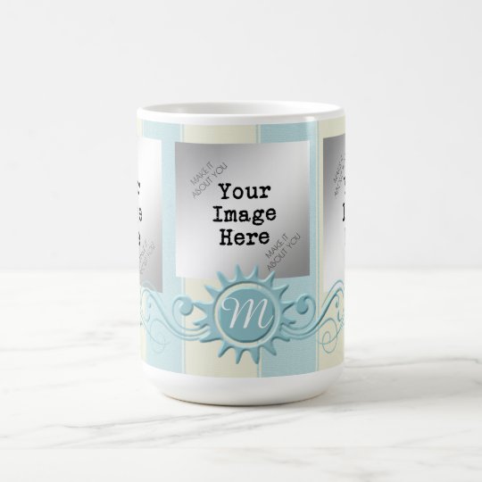 Taza De Café Rayas y monograma Flourish-Azules/crema