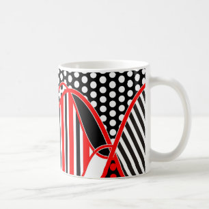 Taza De Café Rayas y puntos abstractos en blanco rojo negro - t