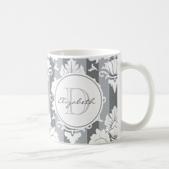 Taza De Café Rayo gris Damask Monogramed Mug (Derecha)