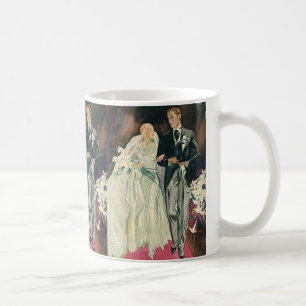 Taza De Café Recién casados en una boda vintage, novia feliz y