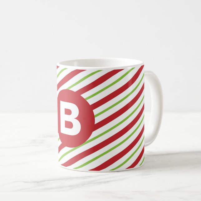 Taza De Café Red and Green Diagonal Pinstripes Monogram (Anverso derecho)