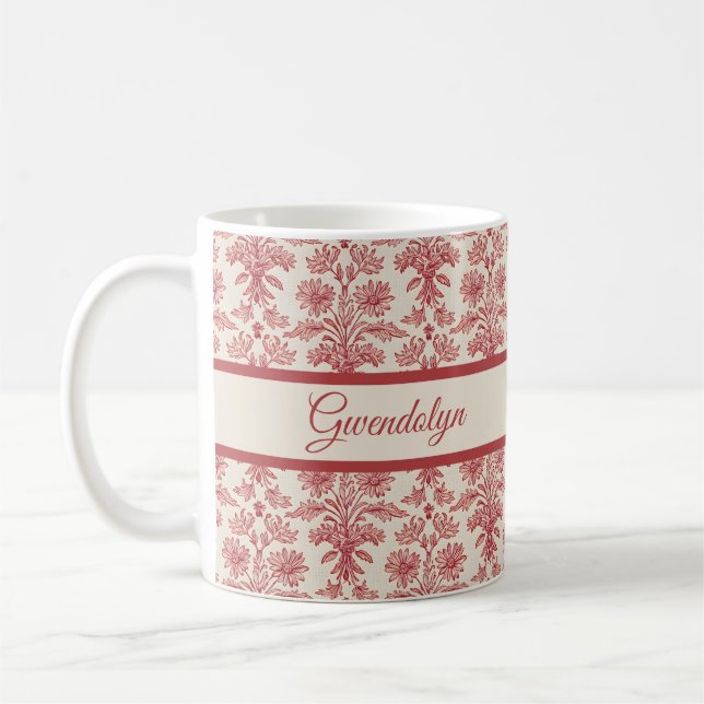 Taza De Café Red and Ivory Floral Toille Pattern with Name (Izquierda)