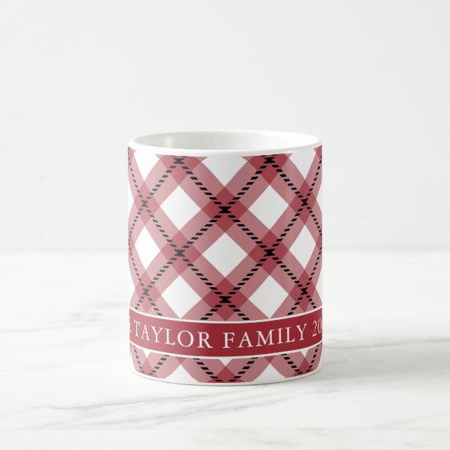 Taza De Café Red Argyle Plaid Farmhouse Family Name (Centro)