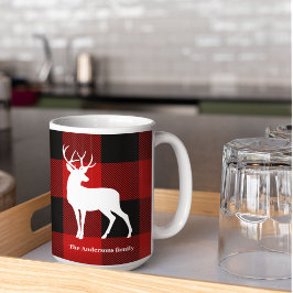 Taza De Café Red Buffalo Plaid & Deer | Entrega de nombre perso