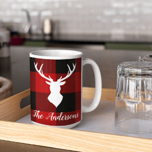 Taza De Café Red Buffalo Plaid & Deer   Entrega de nombre perso