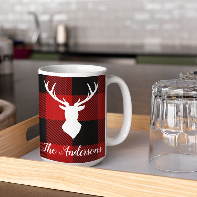 Taza De Café Red Buffalo Plaid & Deer | Entrega de nombre perso (Subido por el creador)