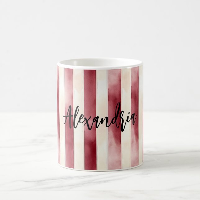 Taza De Café Red Burgundy Cream Stripes Christmas (Centro)