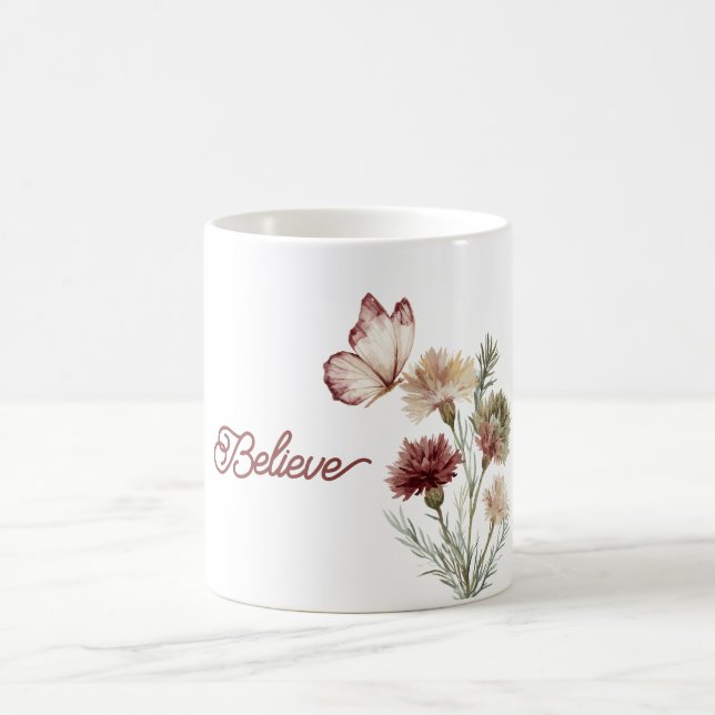 Taza De Café Red Burgundy White Butterfly Flowers (Centro)