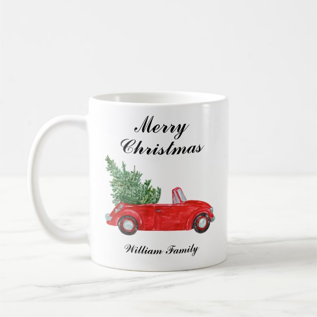 Taza De Café Red Car Merry Christmas Custom Name (Izquierda)