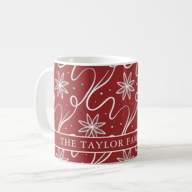 Taza De Café Red Floral Swirl Christmas Family Name (Anverso izquierdo)