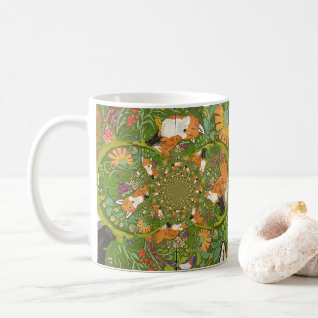 Taza De Café Red Fox en Green Floral Folclore Arte Fractal Wood (Con donut)