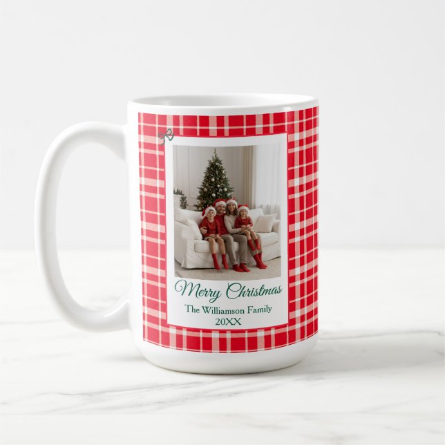 Taza De Café Red Gingham Plaid Merry Christmas Photo (Izquierda)