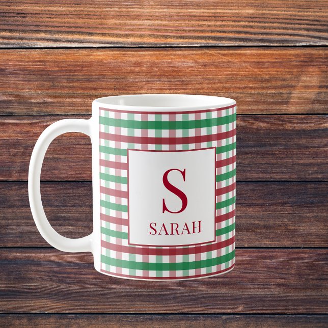 Taza De Café Red & Green Gingham Plaid Monogram Name (Red & Green Gingham Plaid Monogram Name Coffee Mug
)