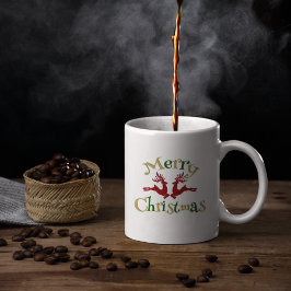Taza De Café Red Green Gold Merry Christmas Reindeer