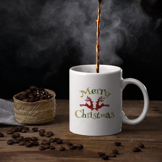 Taza De Café Red Green Gold Merry Christmas Reindeer (Subido por el creador)